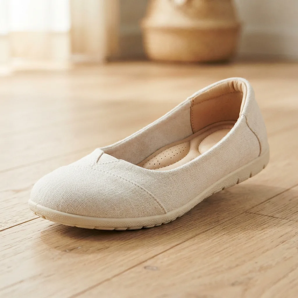 A single unbranded slip-on comfort flat with a padded sole resting on a light wooden floor