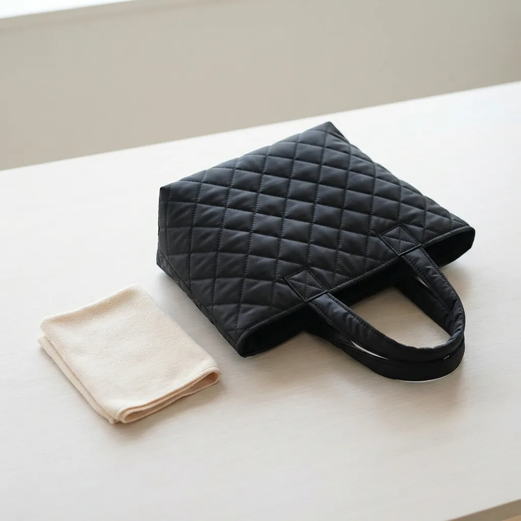 Quilted tote with a soft cloth resting on a light tabletop