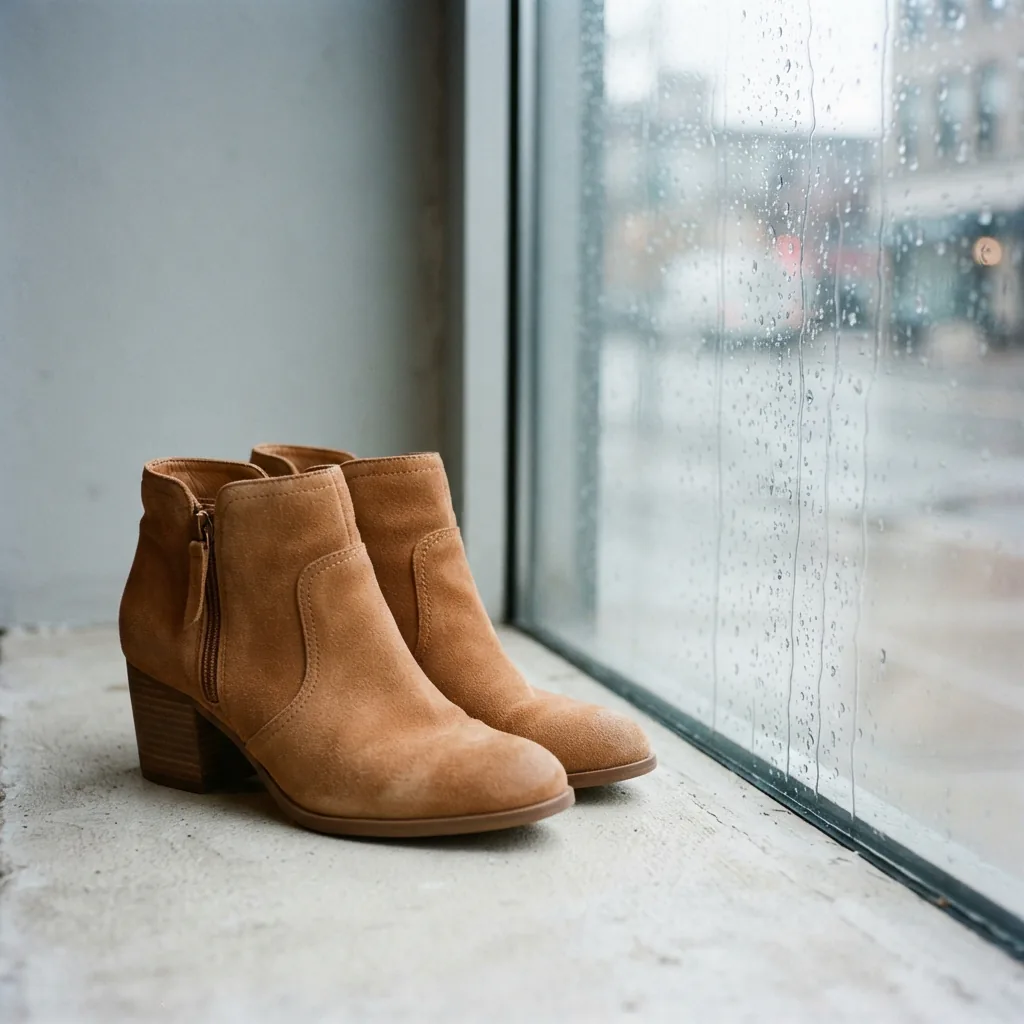 A pair of suede ankle booties on a dry studio surface beside a rain-speckled window pane