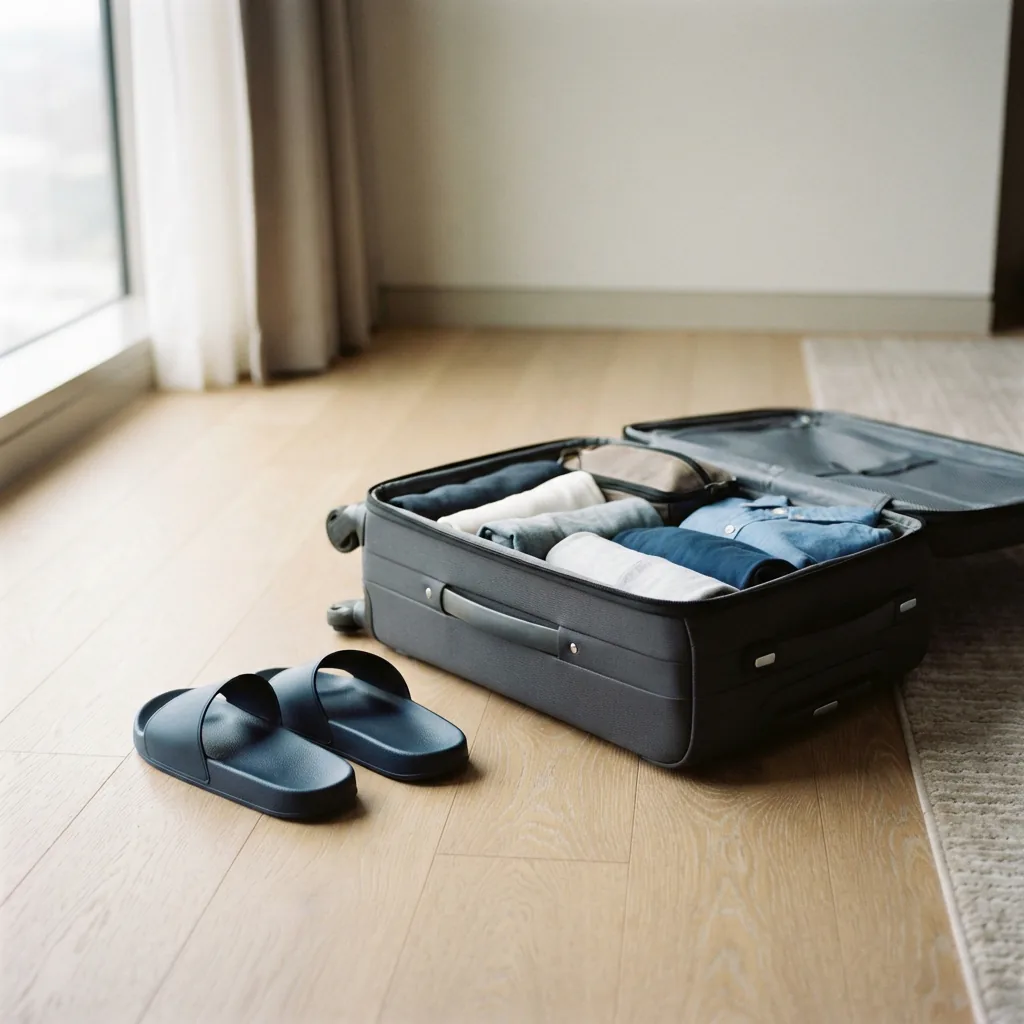 Unbranded slide sandals tucked beside an open suitcase on a light floor