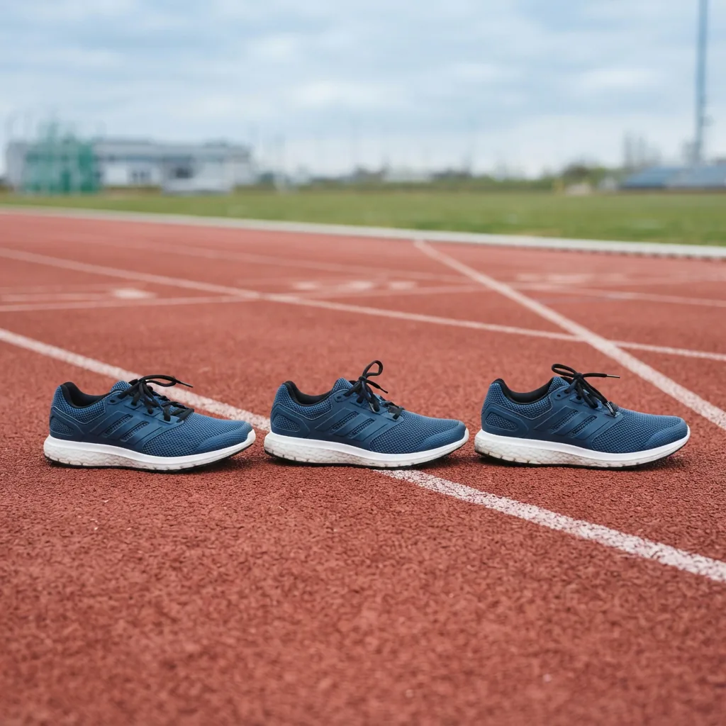 Three unbranded men's running shoes arranged in a line on a red running track lane
