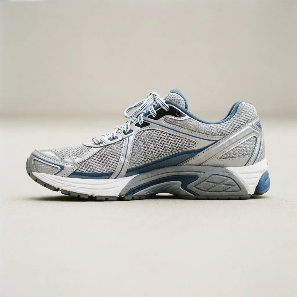 One unbranded stability running shoe showing a structured supportive midsole in side view on a light studio surface
