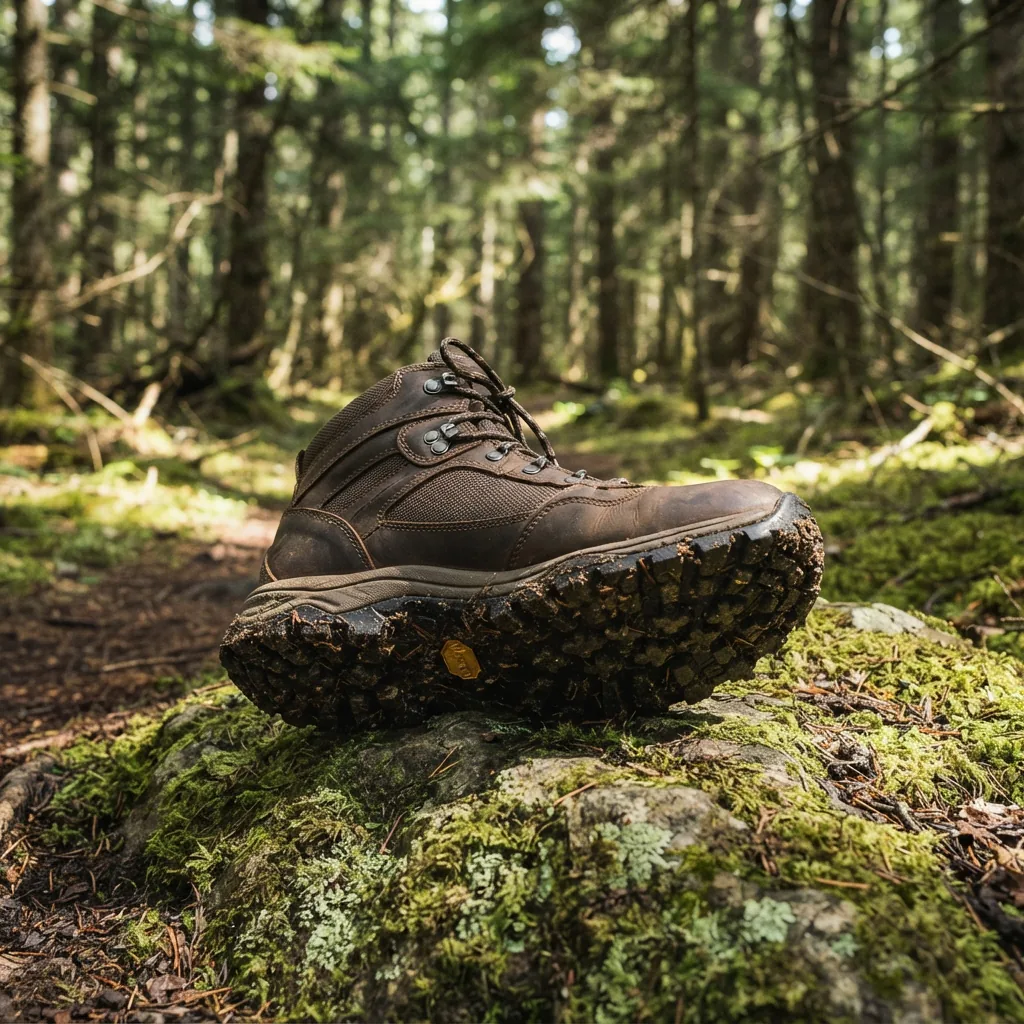 Men's hiking boot with lug outsole resting on a mossy trail rock in blurred pine forest
