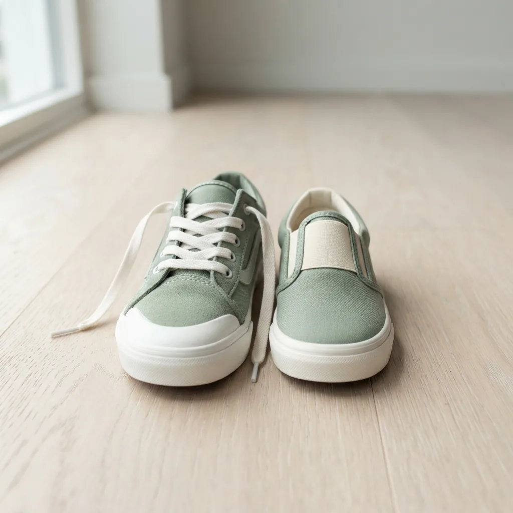 A lace-up children's sneaker with laces loosened beside a children's slip-on shoe on a light floor