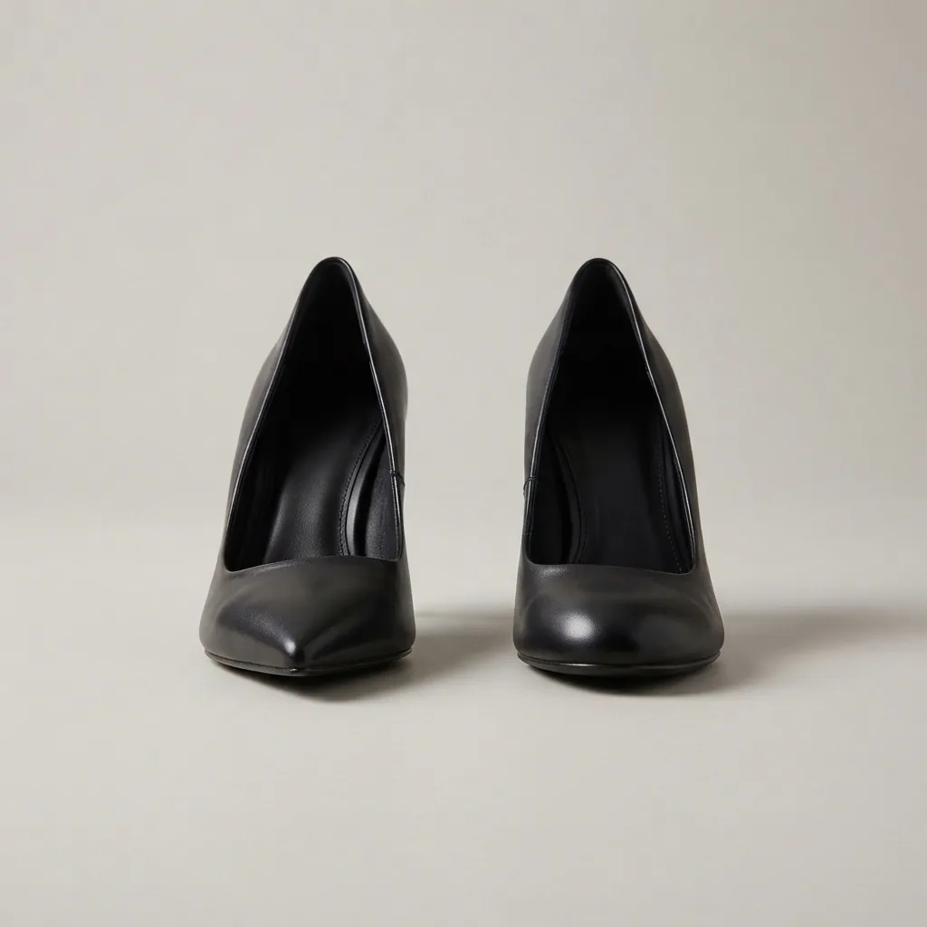 Black pump with a pointed toe and black pump with a rounded toe facing forward on a neutral background