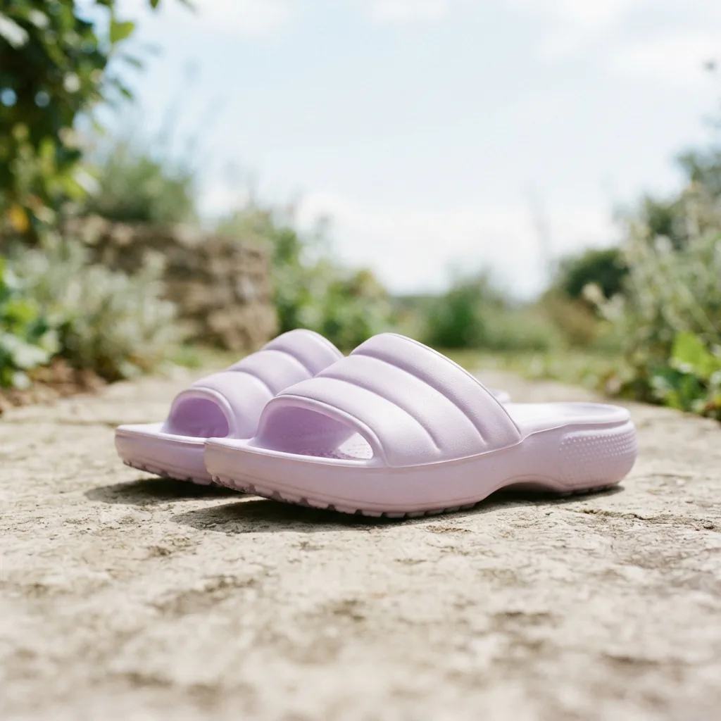 A pastel women's Crocs Saturday slide sandal on pale concrete outdoors
