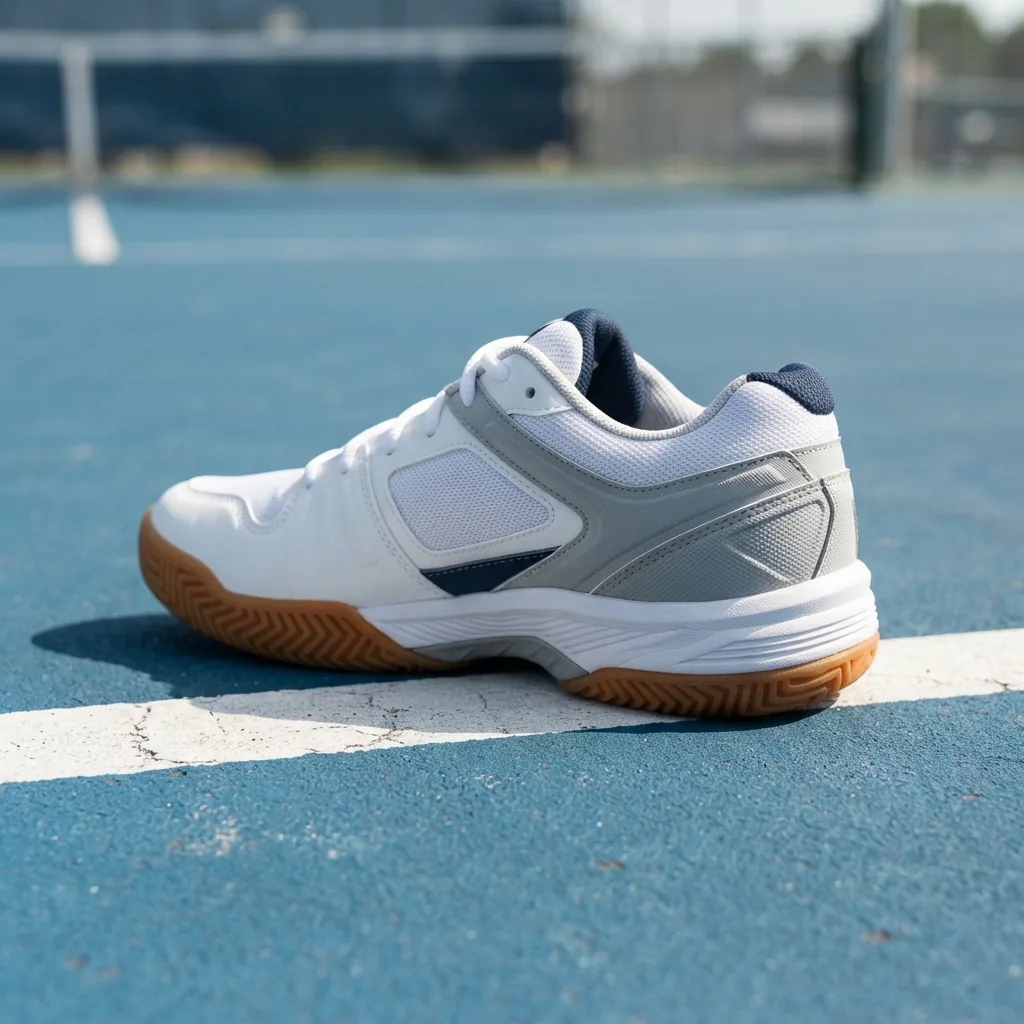 Tennis shoe with a reinforced wide sole turned to show its sturdy side profile on a hard court line