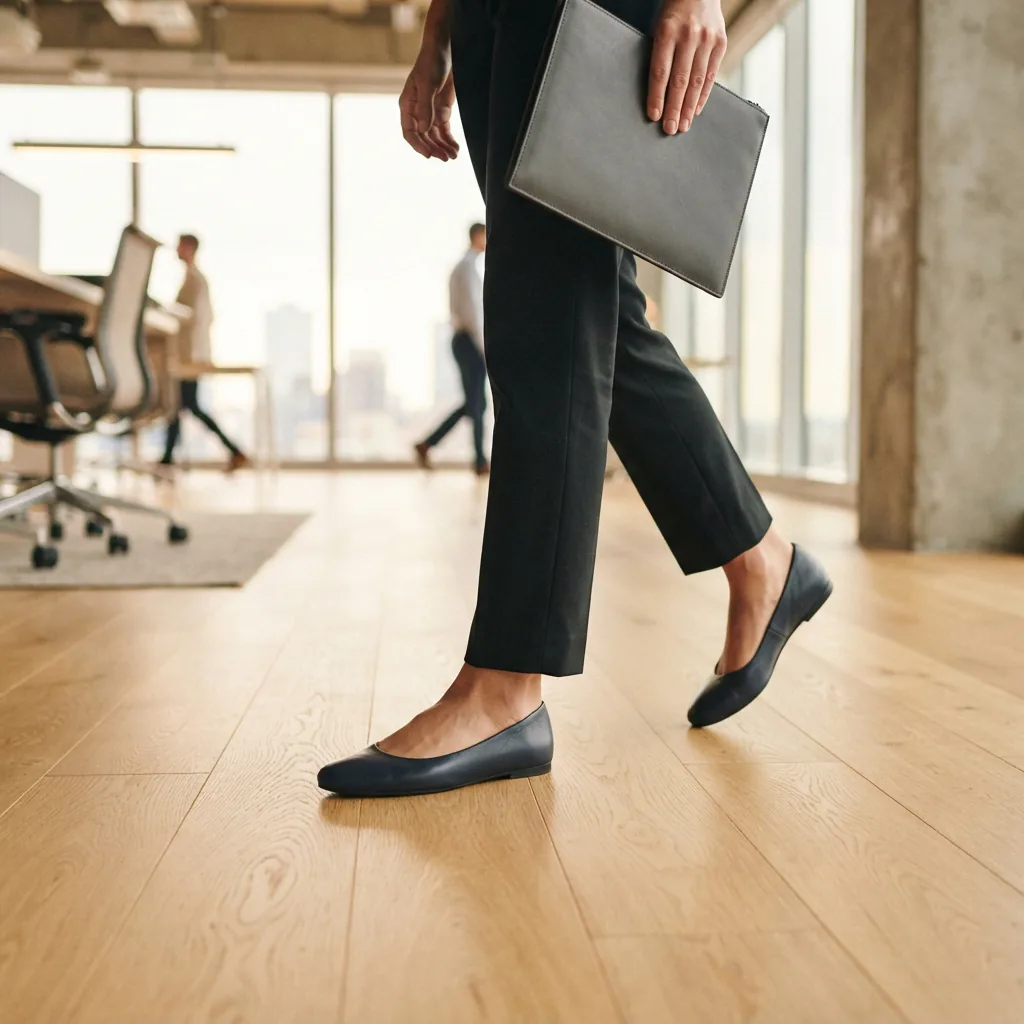 An adult's lower legs and feet in simple flats walking across a bright office floor, cropped below the knee