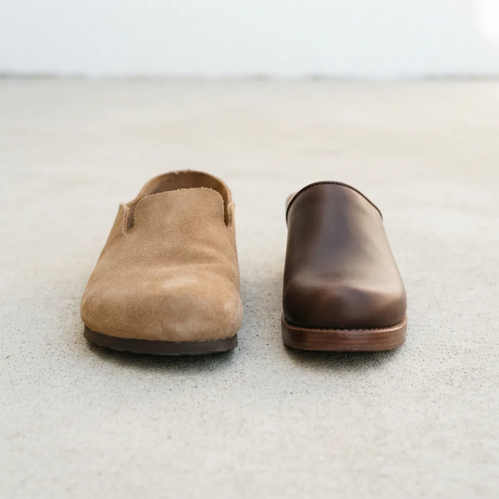 Two clogs side by side showing a roomy toe box and a firmer structured shape