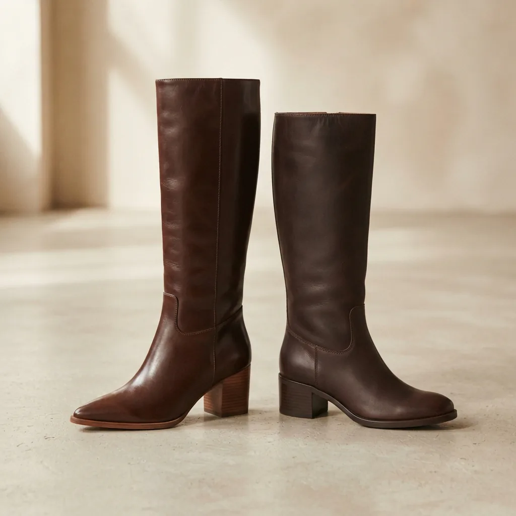 An unbranded pointed-toe knee high boot photographed beside a rounded-toe knee high boot on a studio floor