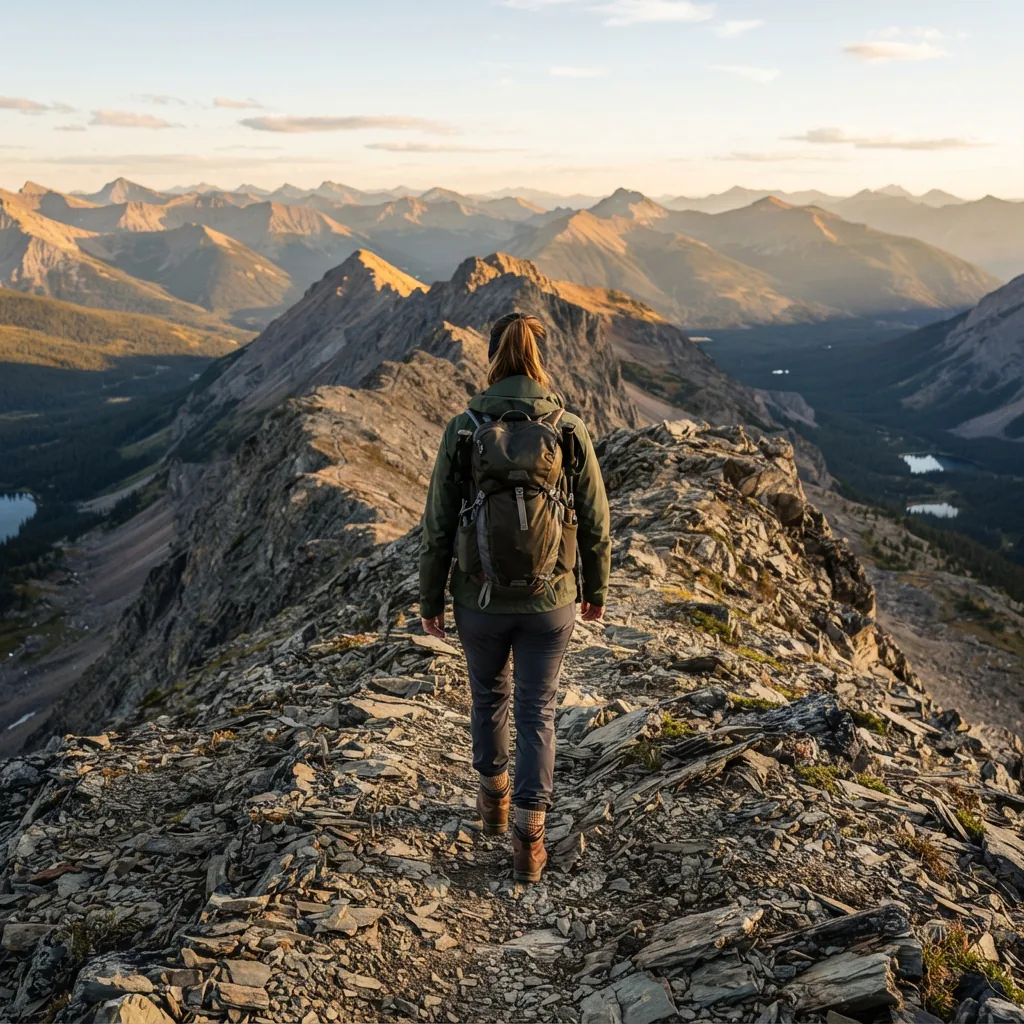 Hiker with a pack walking a rocky ridge in mid-cut hiking boots