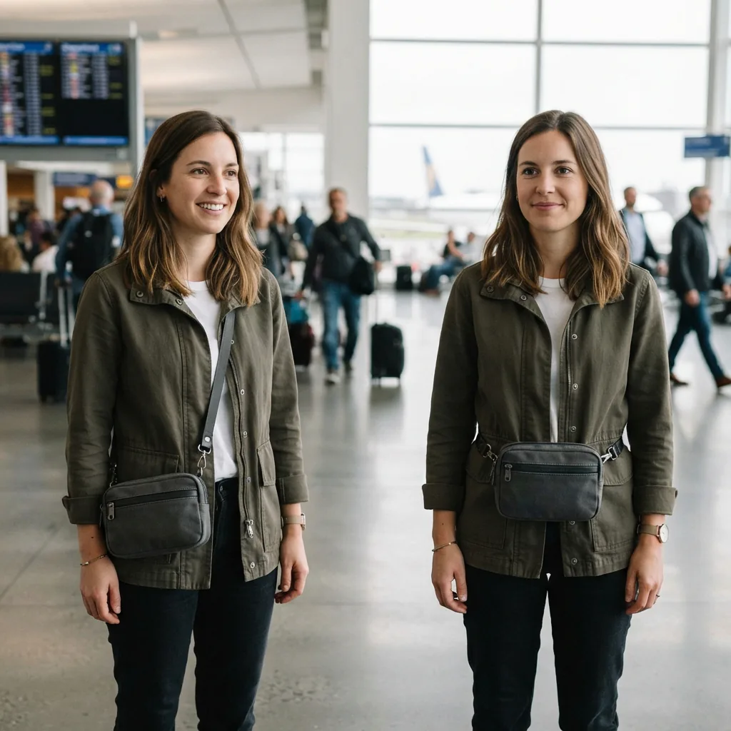 Convertible belt-style crossbody bag shown across the body and at the waist of one adult traveler in an airport concourse.