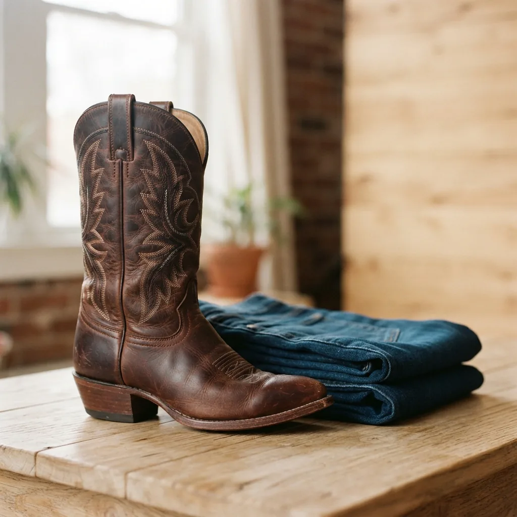Deep brown leather women's classic cowboy boot standing beside folded blue jeans