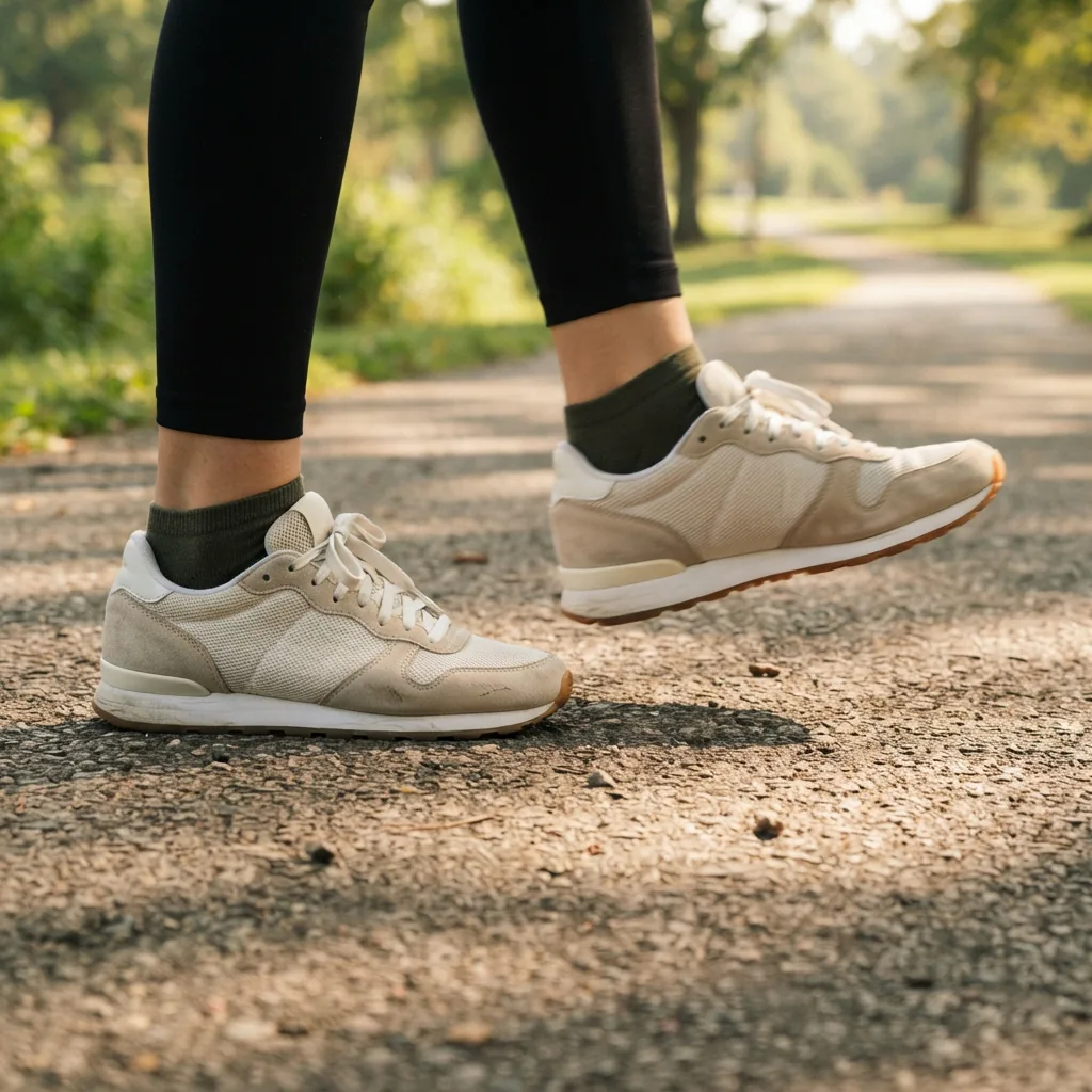 Pair of women's sneakers mid-stride on a paved park path in morning light