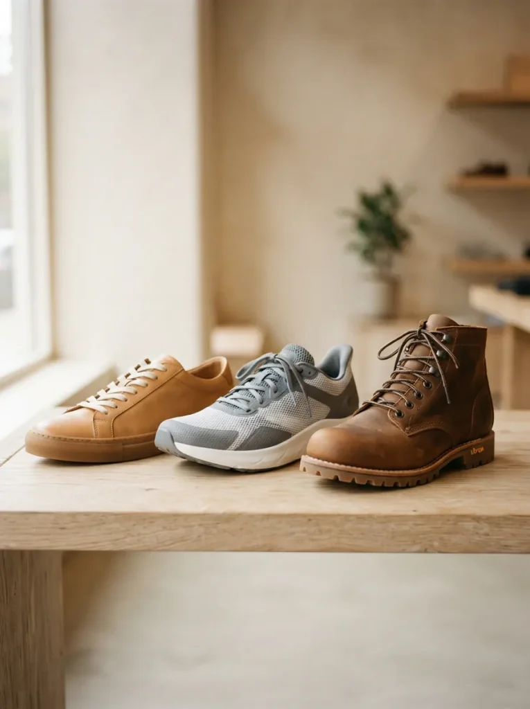 Men's shoes in several styles arranged on a pale wood shelf in a bright studio setting