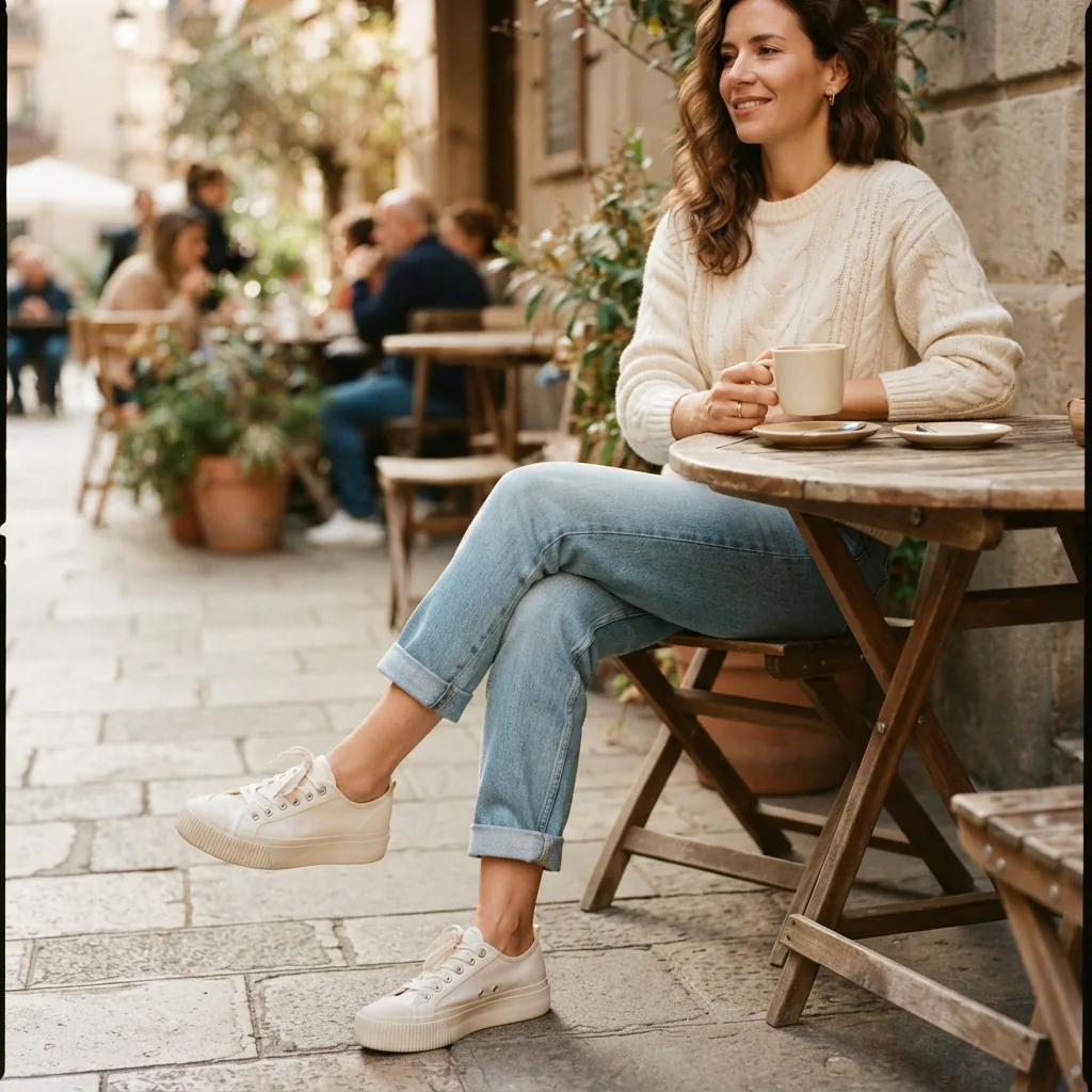 Woman seated at a cafe table in platform women's sneakers with rolled jeans