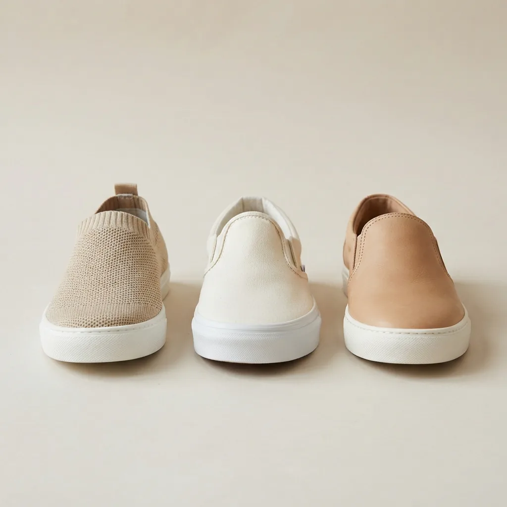 Three slip-on shoes side by side in knit, canvas and smooth leather on a pale backdrop
