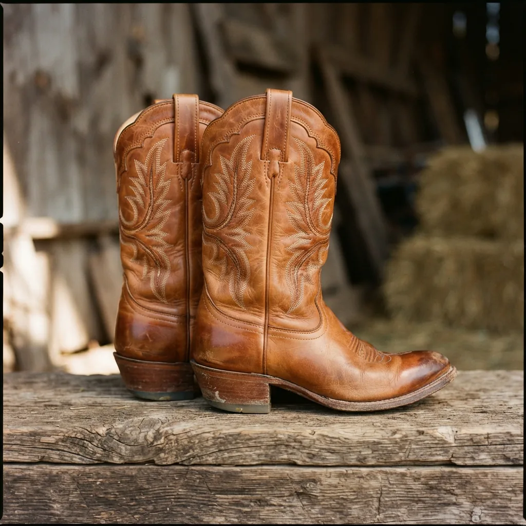 A pair of tan leather western boots with stitching and stacked heels on rustic wood