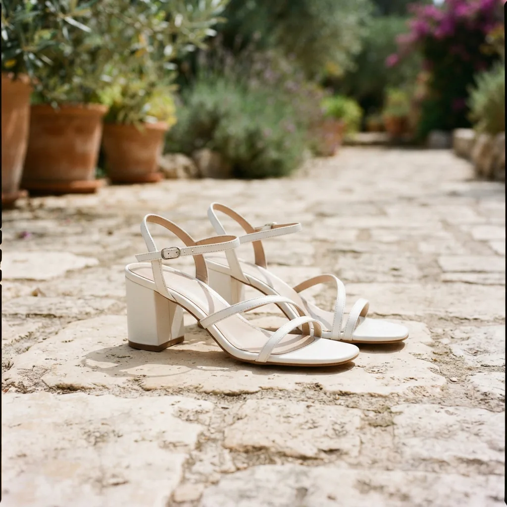 White block-heel sandals on a sunlit outdoor path