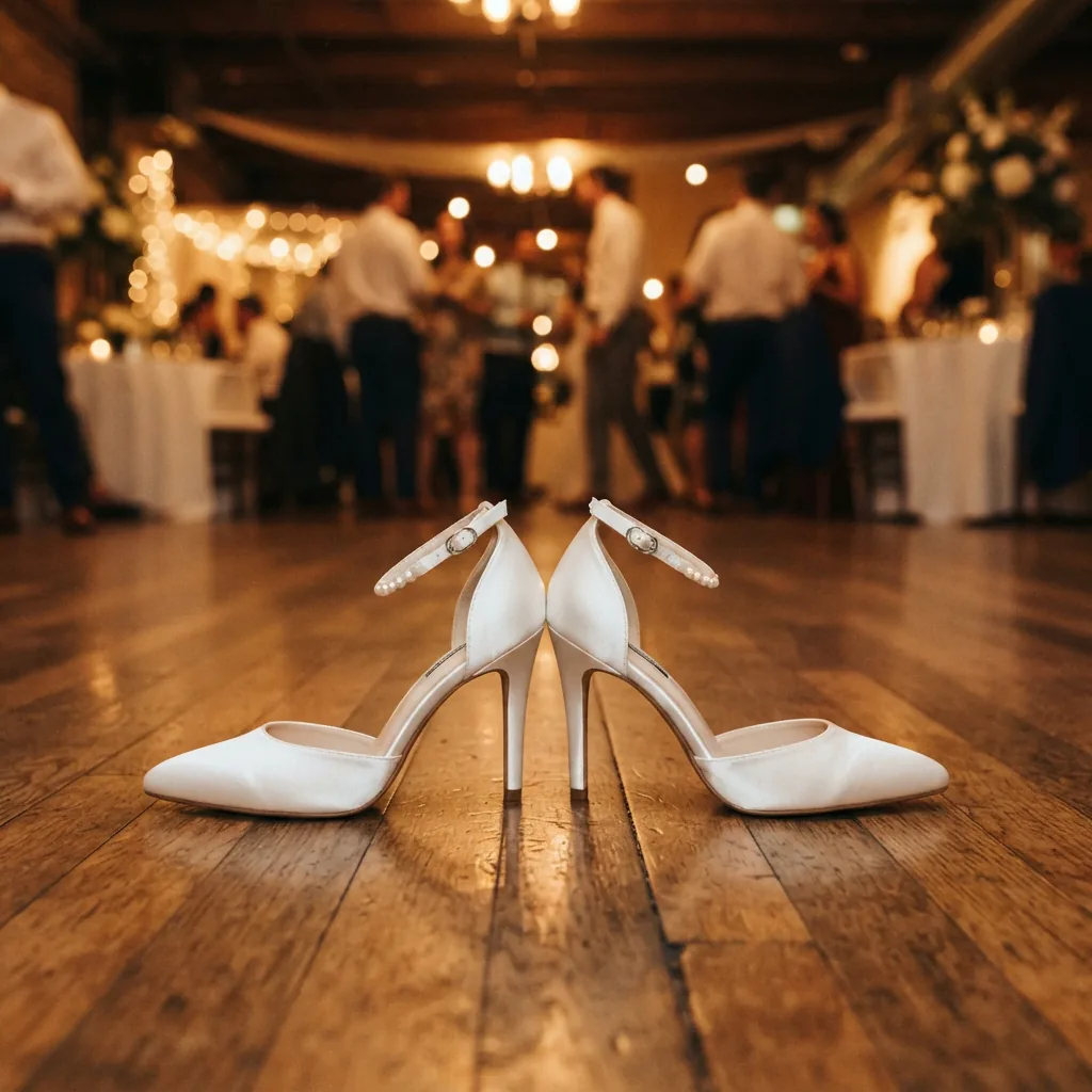 White dressy heels on an event floor with soft celebration lighting