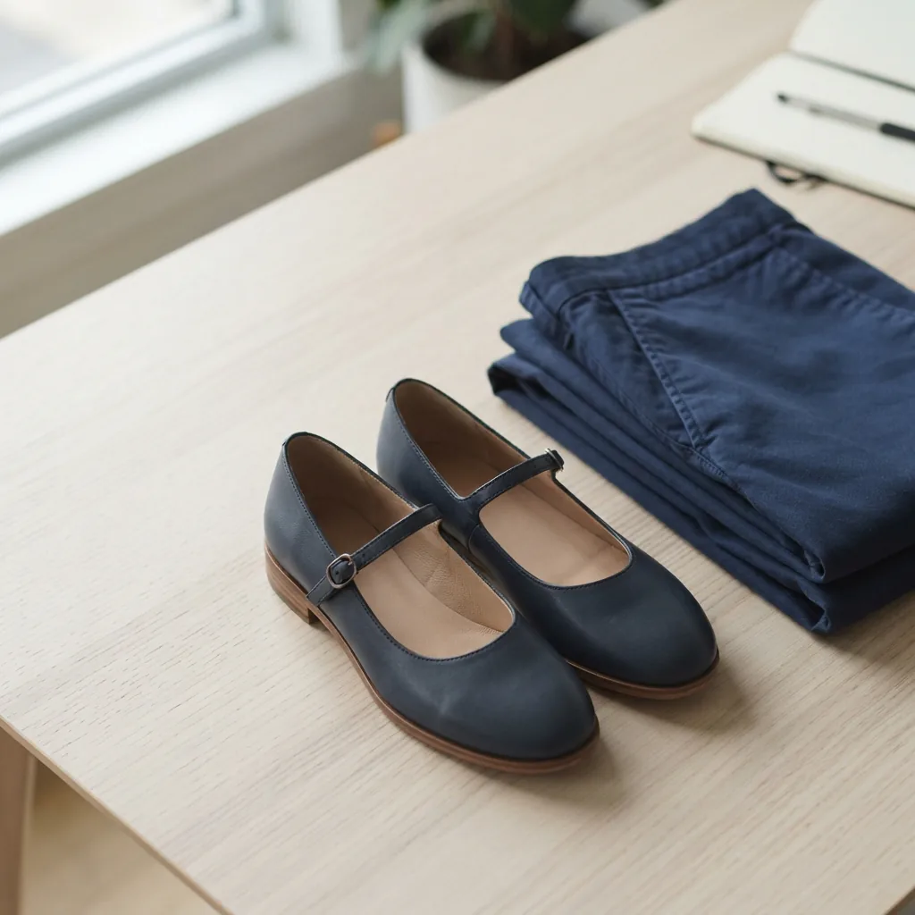 A pair of neat Mary Jane flats placed beside a folded pair of trousers on a light office desk