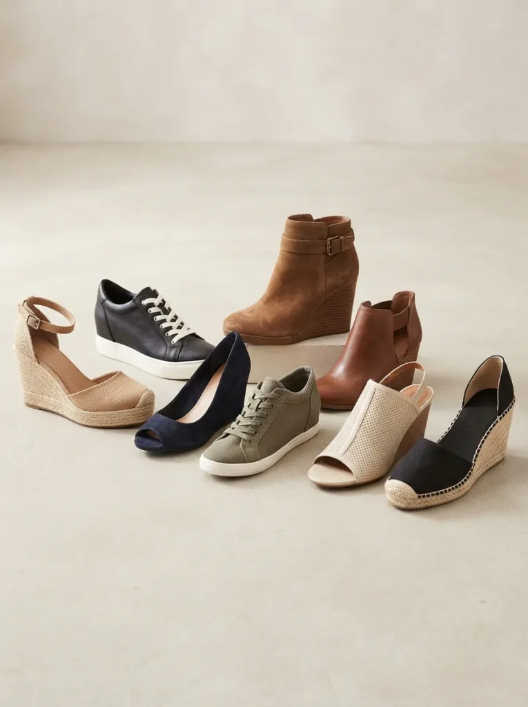 Assortment of women's wedge shoes in sneaker, bootie and pump styles on a pale studio surface