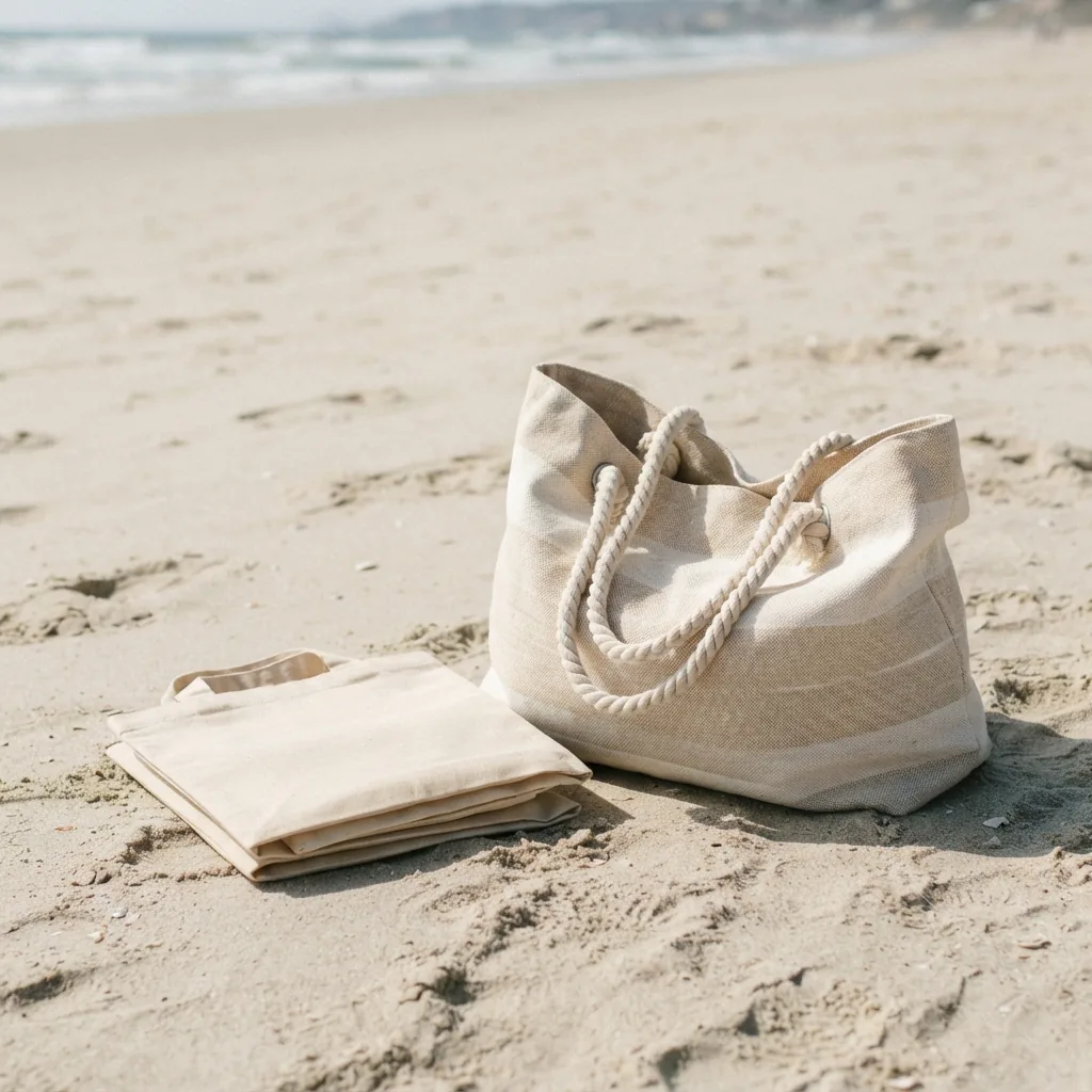 Foldable tote next to a roomy beach tote on light sand