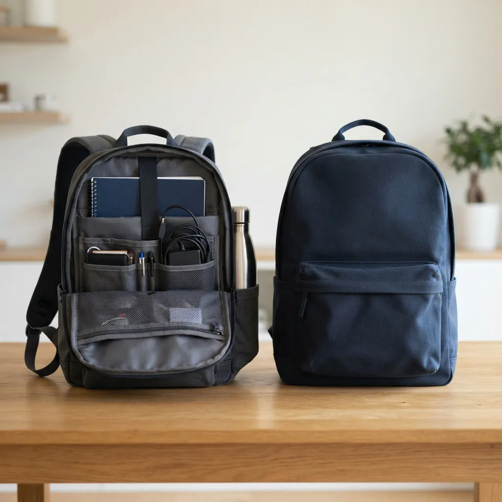 Two backpacks side by side on a table, one open showing multiple compartments and one with a single roomy main section