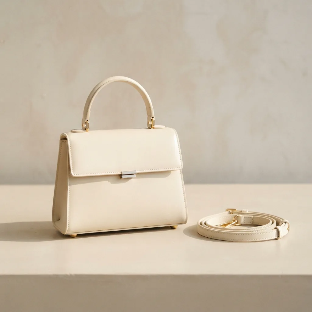 Petite top-handle bag with a detachable strap standing on a pale neutral studio surface