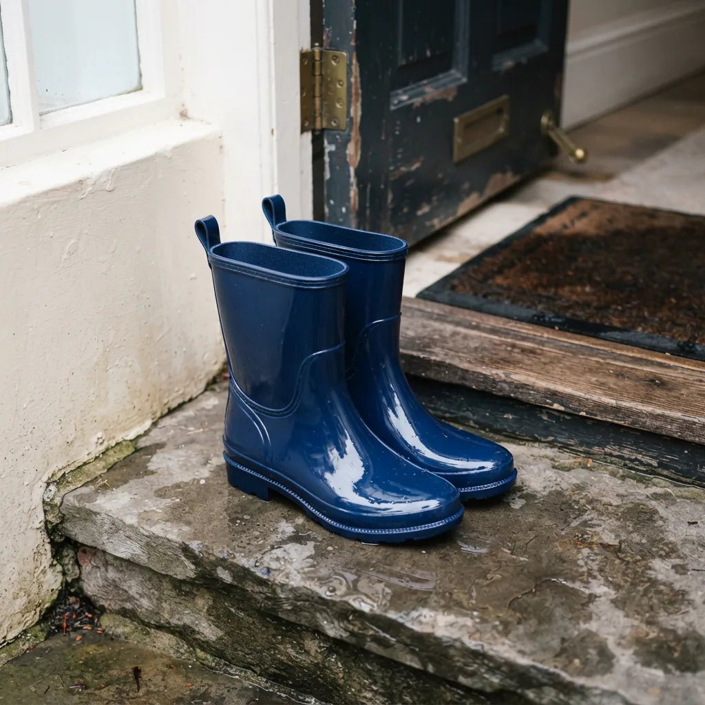 Mid-height women's rain boots beside a rain-splashed doorway