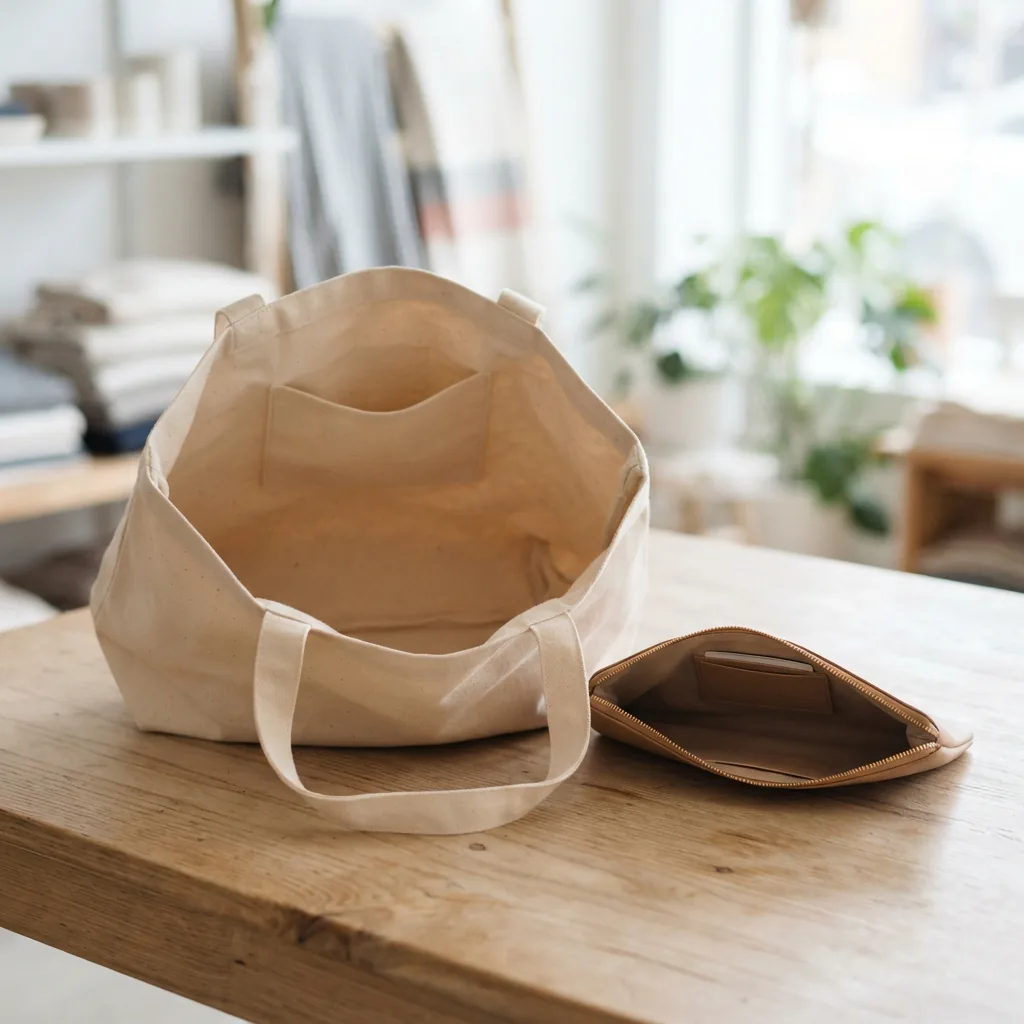 Open tote bag next to a small clutch to compare interior carrying space