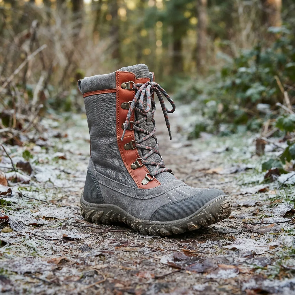 JBU Fury snow boot for women on a frost-dusted woodland trail