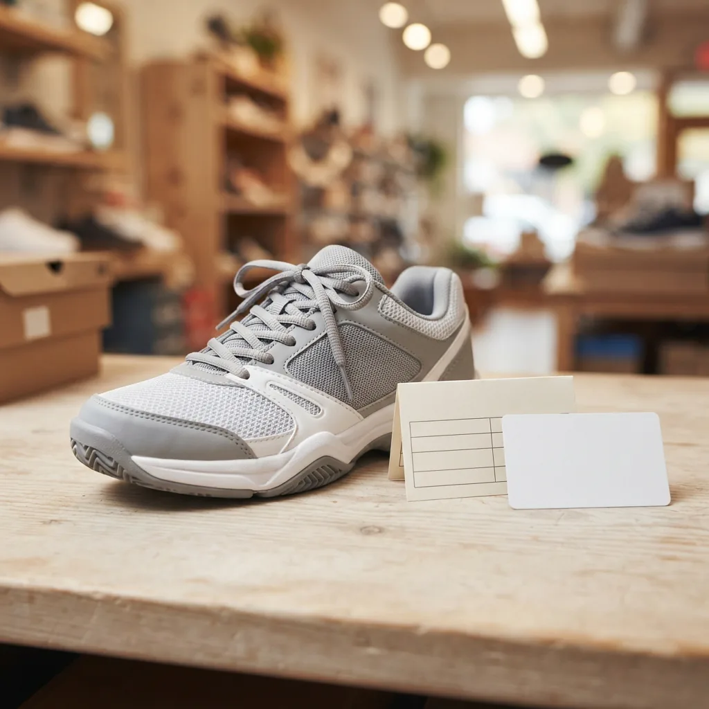 Tennis shoe beside a folded size chart card and a small reward card on a retail counter