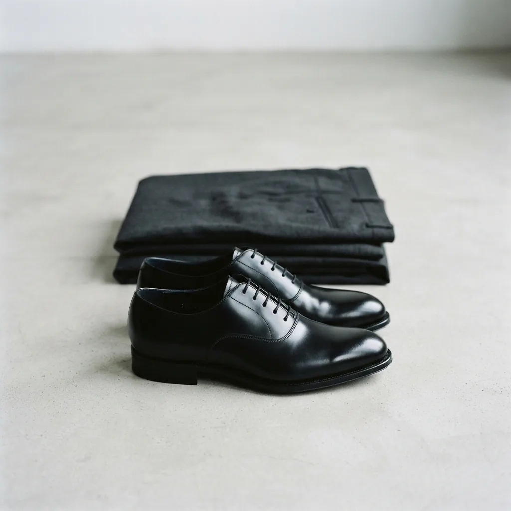 Two polished black men's dress shoes arranged in front of folded dark suit trousers.