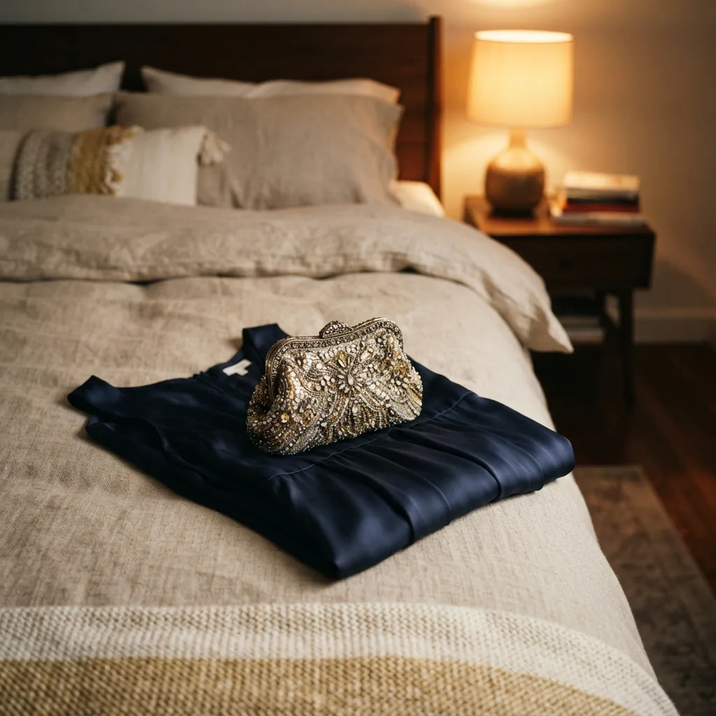 Embellished evening clutch resting beside a folded dress on a bed
