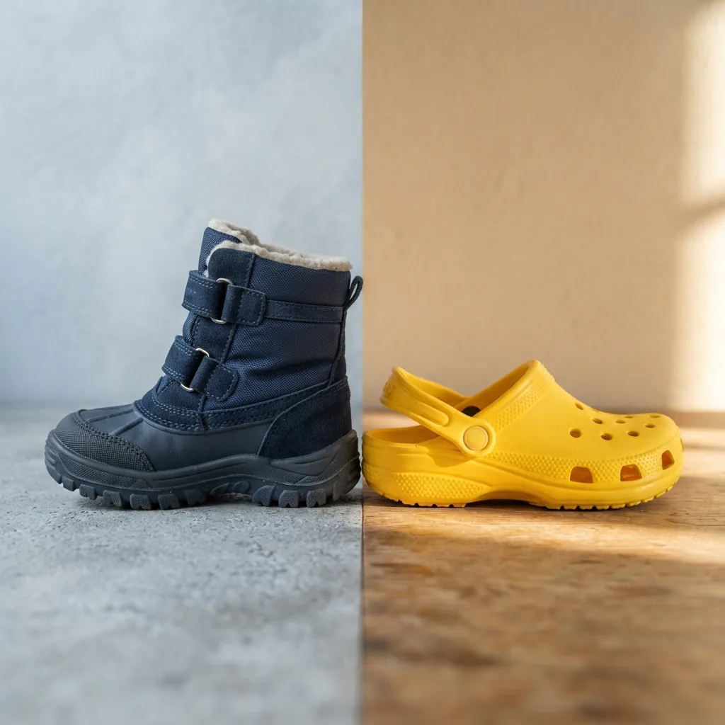 A children's winter boot on a cool grey surface and a ventilated children's clog on a warm sunlit half