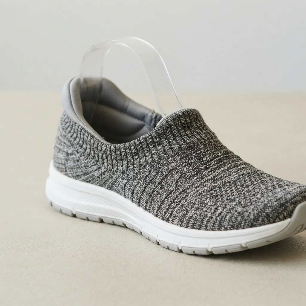 Stretch-knit slip-on shoe with its flexible collar stretched open on a pale surface