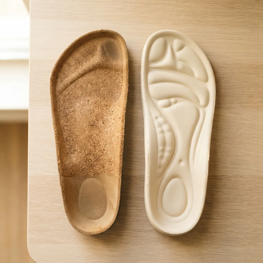Two sandal footbeds side by side, one cushioned cork and one molded foam, photographed from above