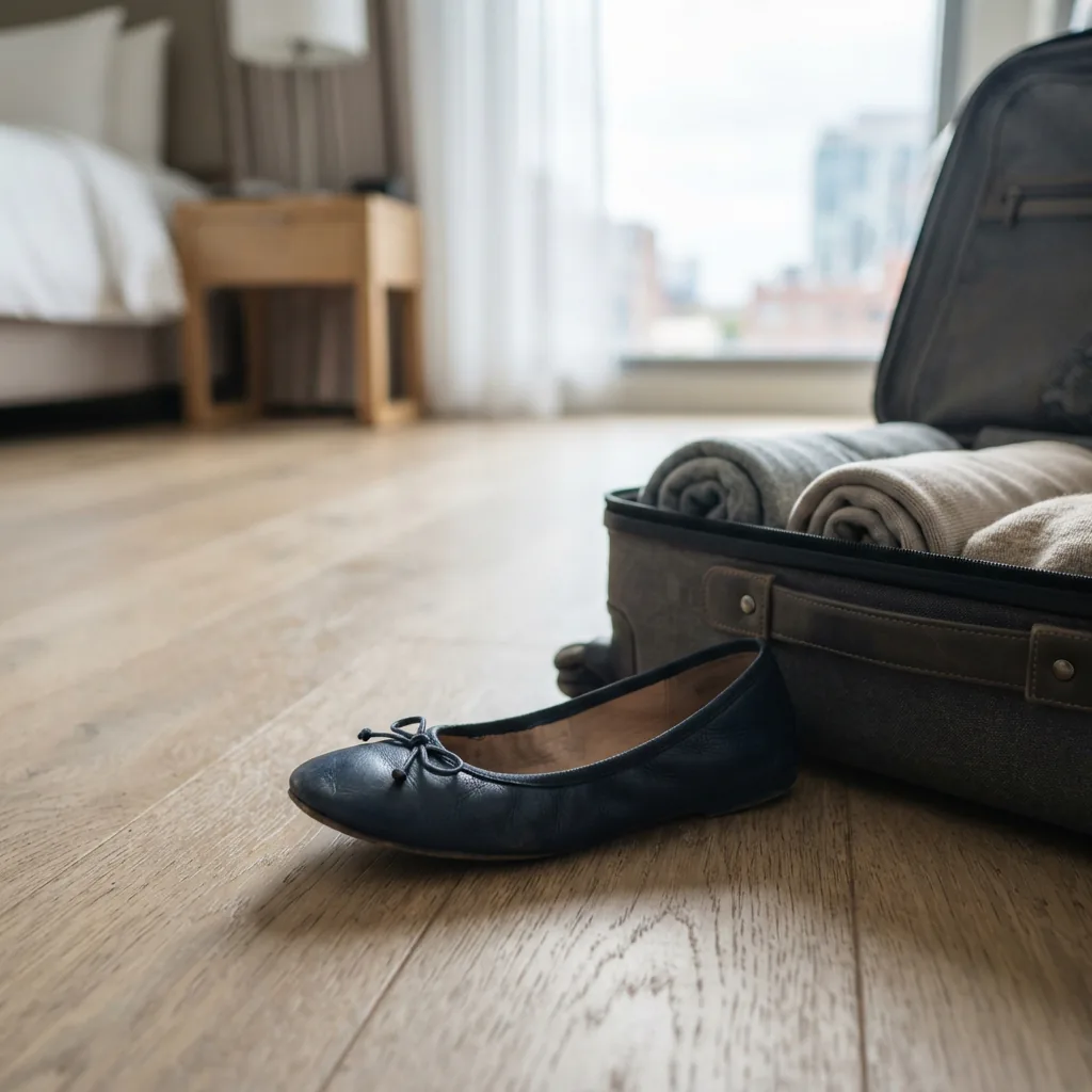 A ballet flat beside an open suitcase on a hotel room floor