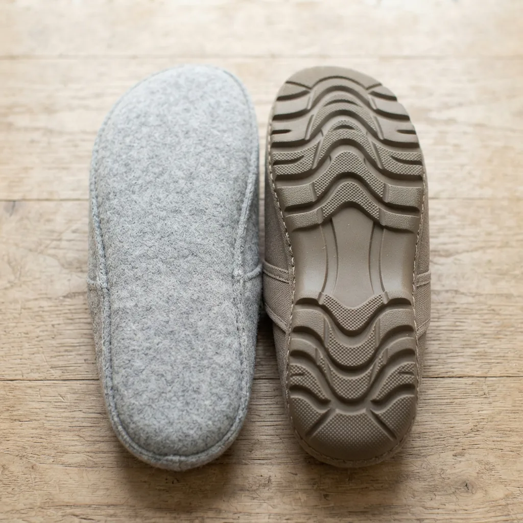 Two slipper soles placed face-up side by side showing a smooth bottom and a ridged tread