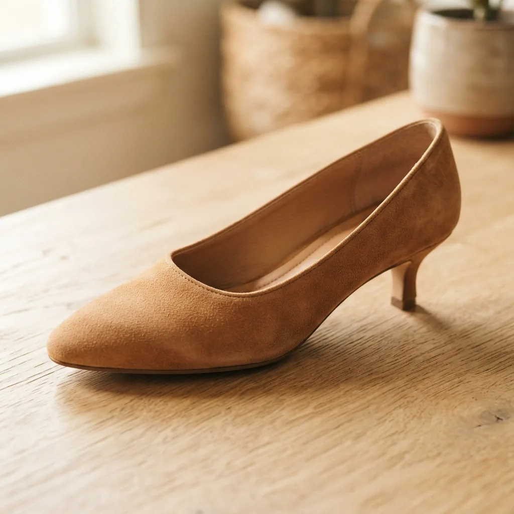 Slip-on kitten heel on a light wood surface in relaxed daylight