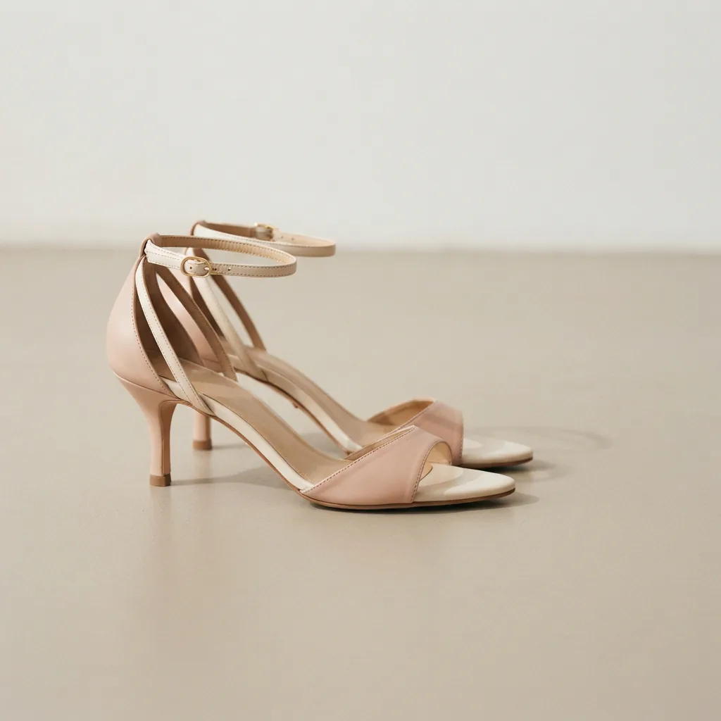 Ankle strap kitten heel sandals for women on a smooth neutral surface