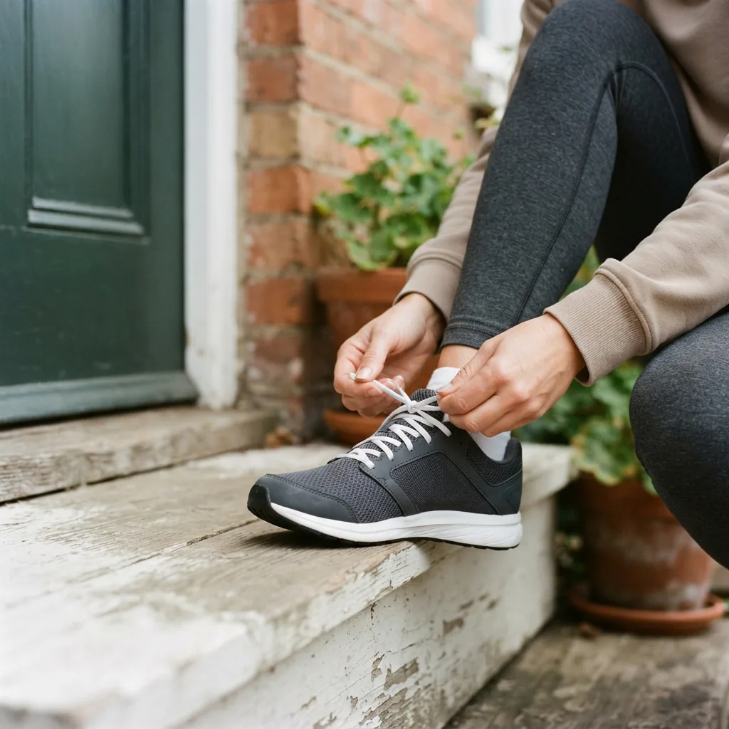 One adult lacing up an unbranded running shoe on a doorstep in morning light