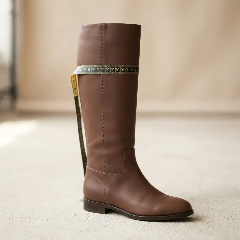 A measuring tape held loosely around the shaft of an unbranded knee high boot to show calf fit