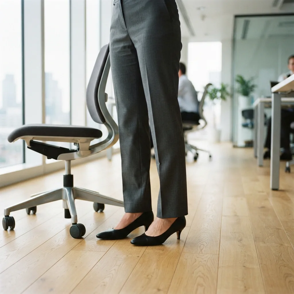 A woman's lower legs in tailored trousers wearing low kitten heels on an office floor