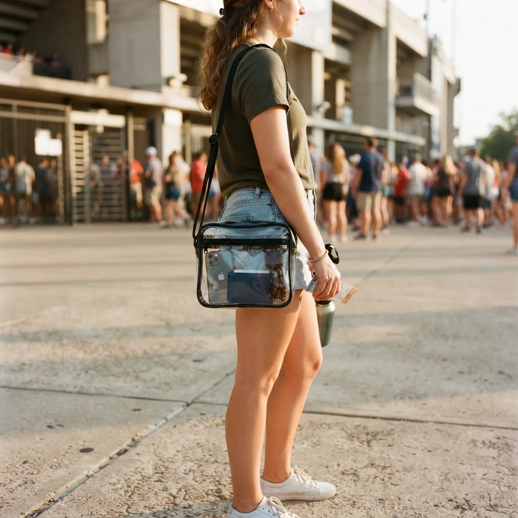 Clear panel crossbody bag with a phone, cards and sunglasses inside, held at the side outside a stadium entrance.