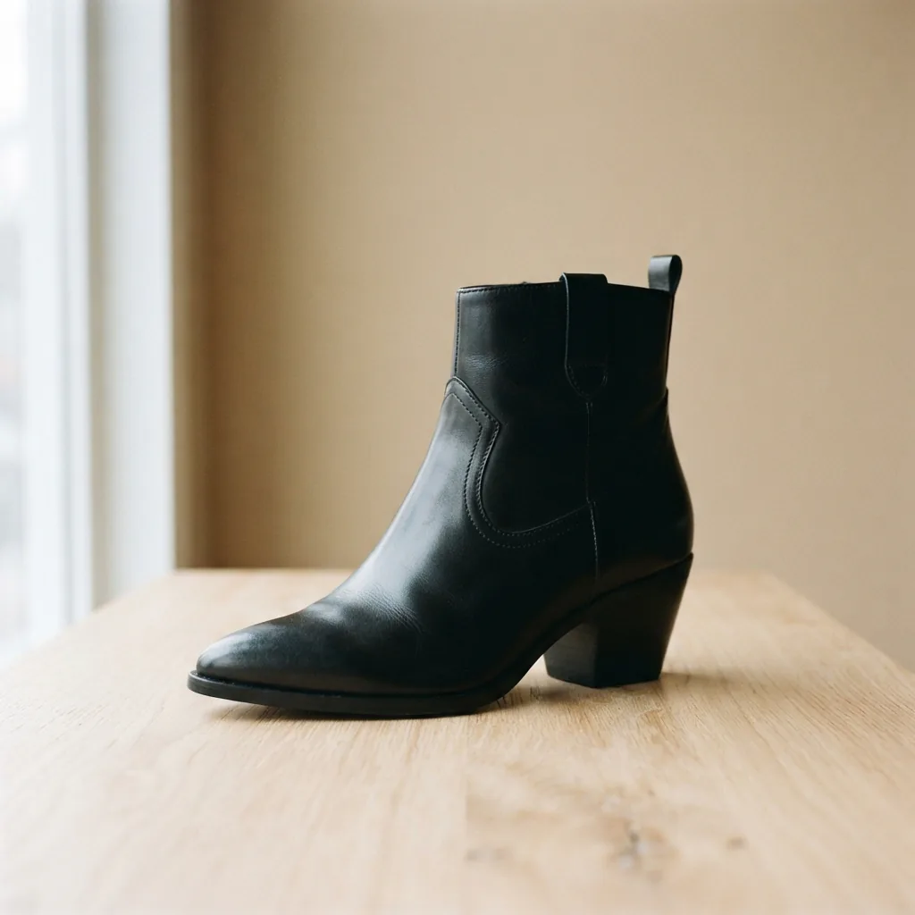 Vince Camuto Pezzra western bootie in black leather beside a neutral wall