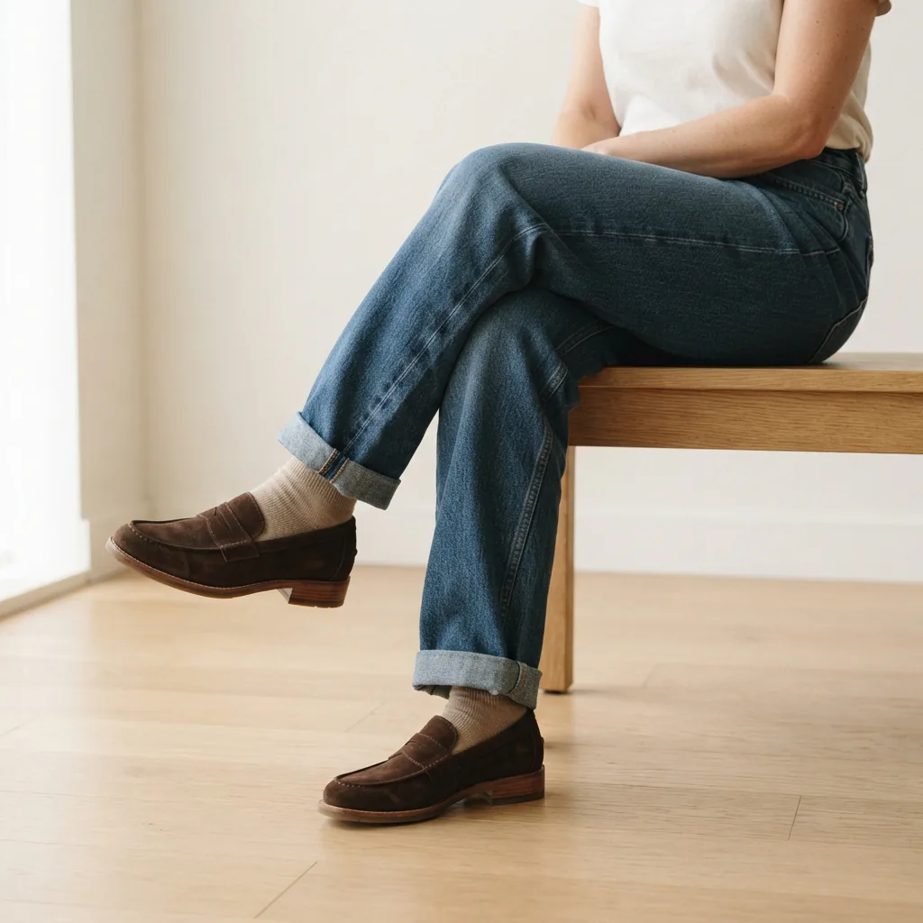 One adult woman seated on a light wooden bench wearing casual loafers, cropped at the waist