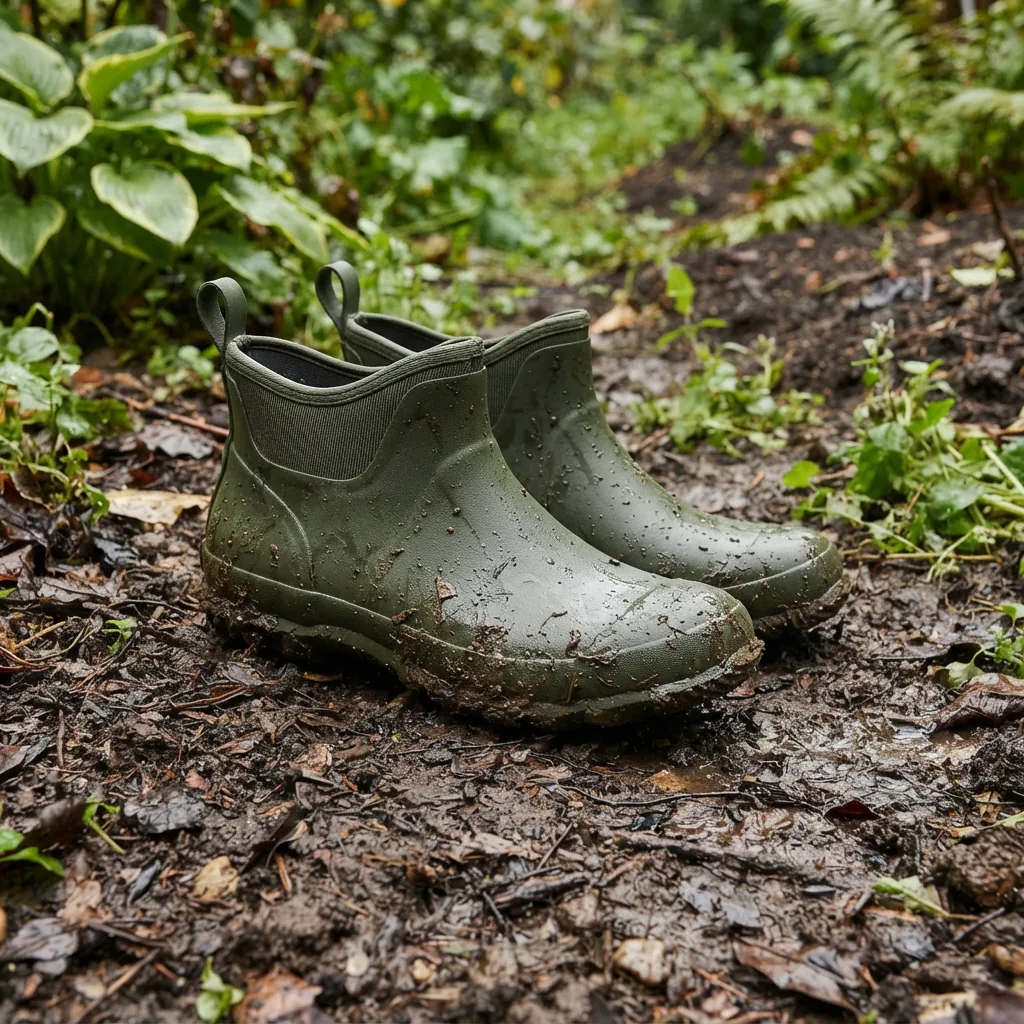 Ankle garden rain boots resting in a muddy garden bed with wet soil