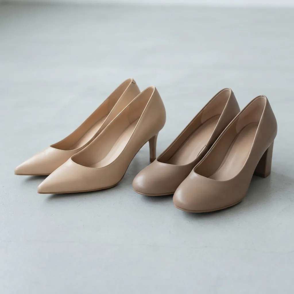 Pointed-toe and round-toe high heels placed together on a pale studio floor